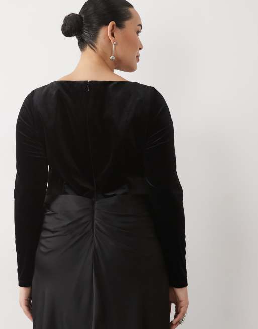 Forever New Curve velourkjole med bådudskæring, draperet satin i taljen, maxi, sort, 4 af 4