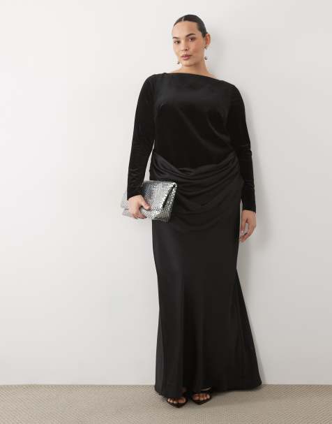 Forever New Curve velvet slash neck draped satin waist maxi dress in black - view 1