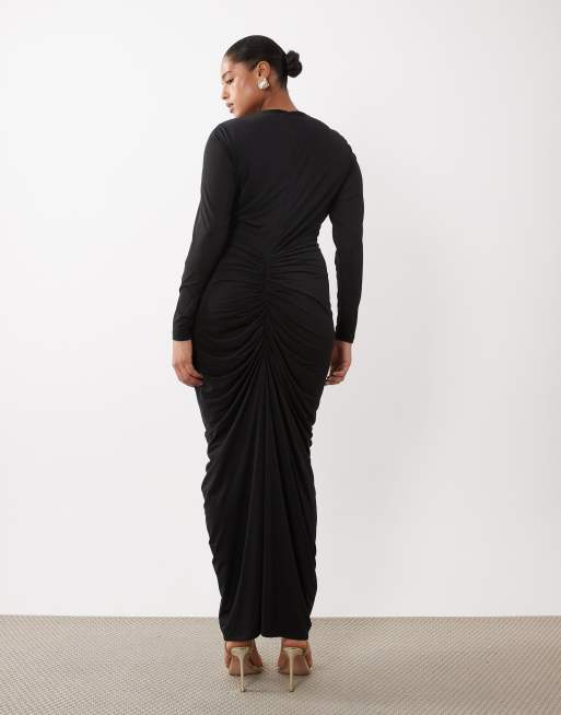 Forever New Curve - vestido maxi negro con cuello alto y drapeado, 2 de 4
