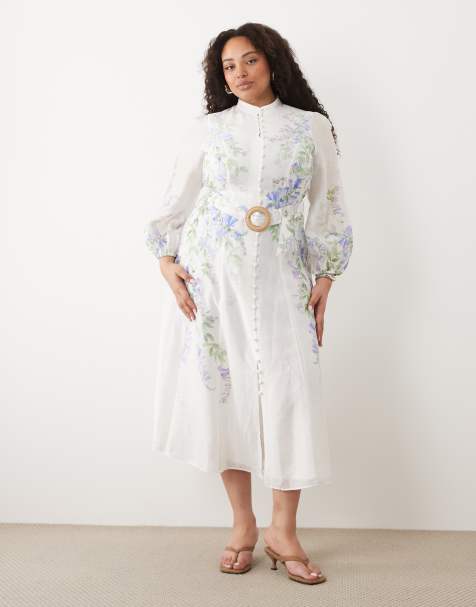 Forever New Curve - Vestido midi blanco abotonado con estampado floral, mangas globo y detalle de cinturón - view 1