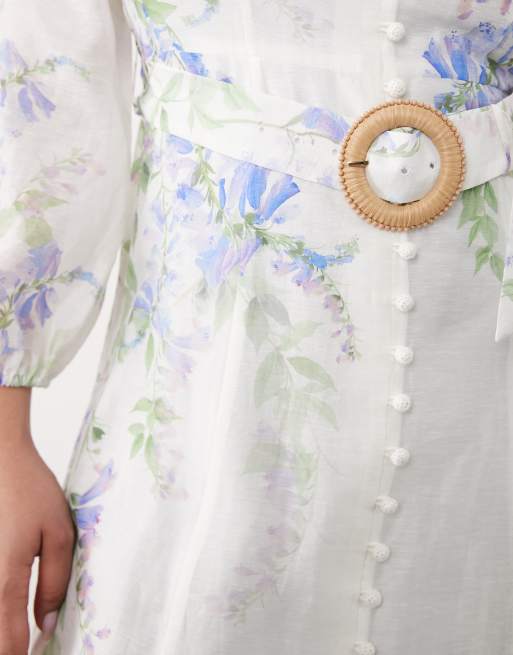 Forever New Curve - Vestido midi blanco abotonado con estampado floral, mangas globo y detalle de cinturón, 3 de 4