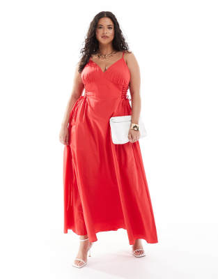 Forever New Curve - Vestito al polpaccio rosso in popeline di cotone con allacciatura laterale