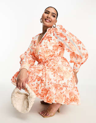 Forever New Curve - Vestito camicia corto color corallo a fiori allacciato in vita
