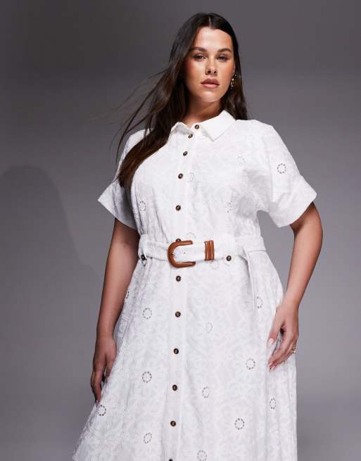 Forever New Curve - Vestito camicia midi a maniche corte in pizzo bianco, 2 di 4