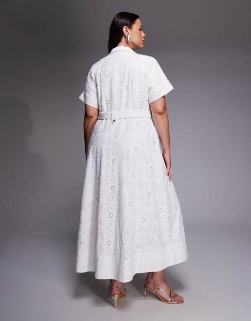 Forever New Curve - Vestito camicia midi a maniche corte in pizzo bianco, 4 di 4