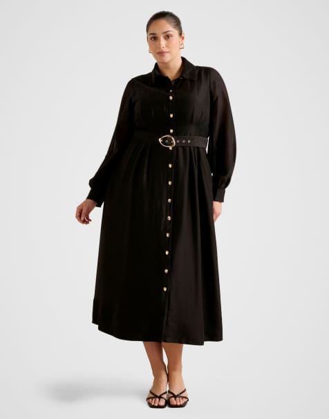 Forever New Curve - Vestito camicia midi nero con cintura e cuciture a vista - view 1