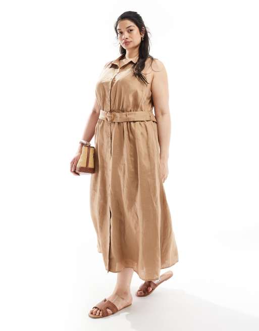 Forever New Curve - Vestito camicia senza maniche in lino marrone con cintura
