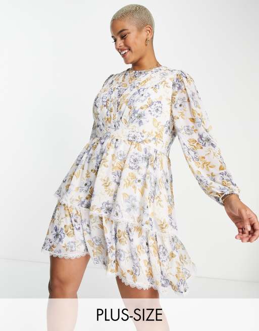 Forever New Curve - Vestito corto a fiori blu con bordi in pizzo