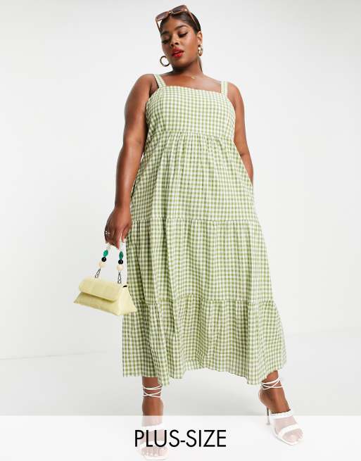Forever New Curve - Vestito grembiule midi a fasce con scollo squadrato a quadretti