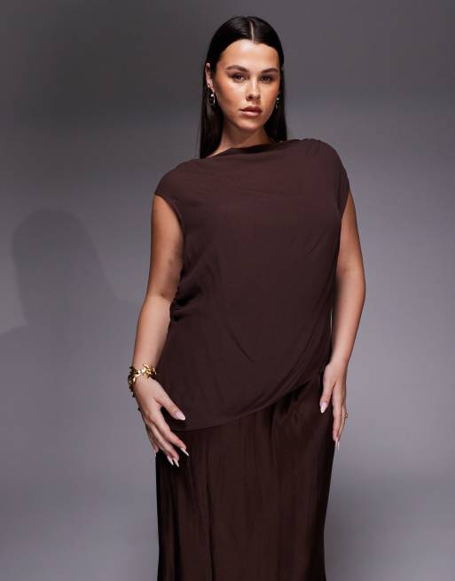 Forever New Curve - Vestito lungo 2 in 1 a sottoveste color cioccolato con top sovrapposto, 3 di 4