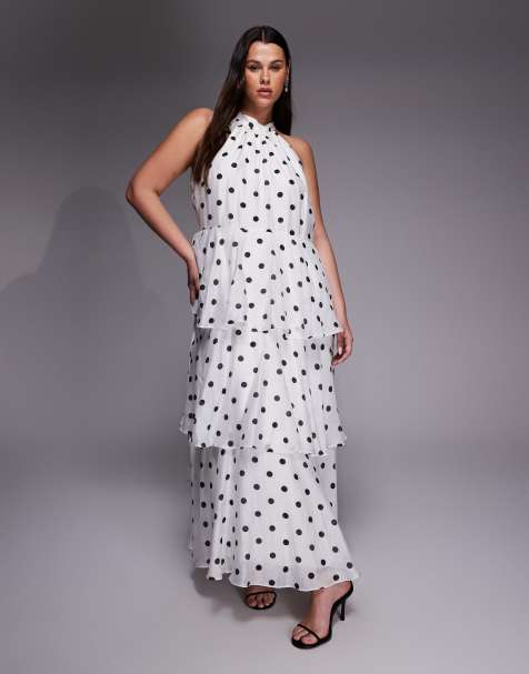 Forever New Curve - Vestito lungo a balze allacciato al collo bianco a pois - view 1