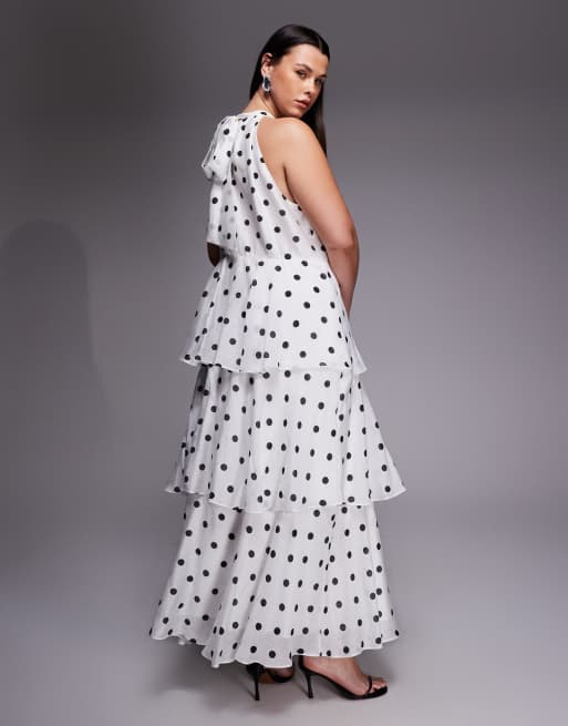 Forever New Curve - Vestito lungo a balze allacciato al collo bianco a pois, 2 di 4