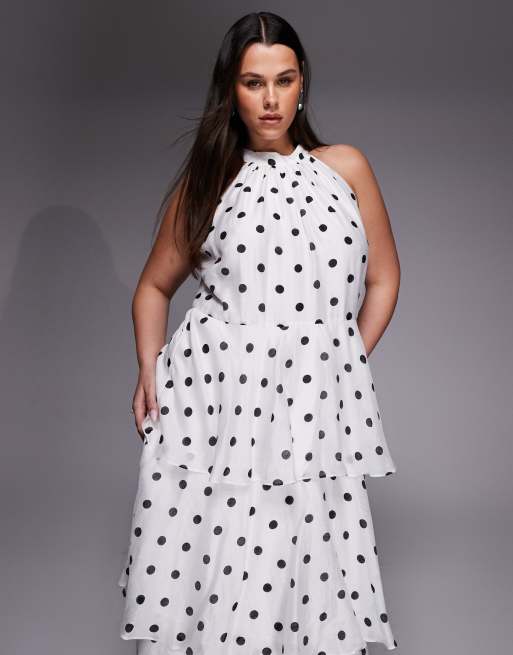 Forever New Curve - Vestito lungo a balze allacciato al collo bianco a pois, 4 di 4