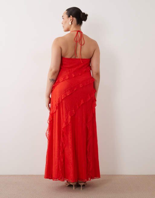 Forever New Curve - Vestito lungo allacciato al collo in pizzo rosso con volant, 2 di 4