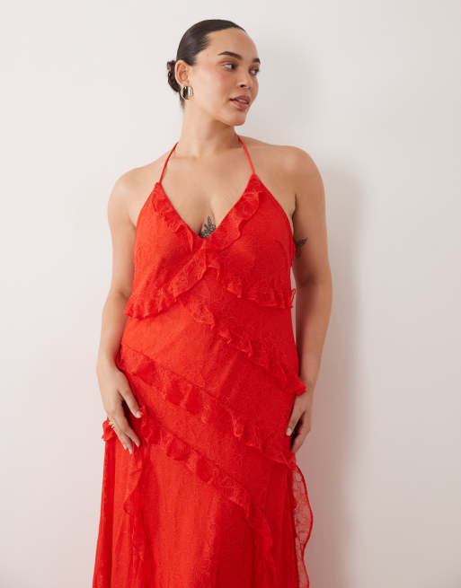 Forever New Curve - Vestito lungo allacciato al collo in pizzo rosso con volant, 4 di 4
