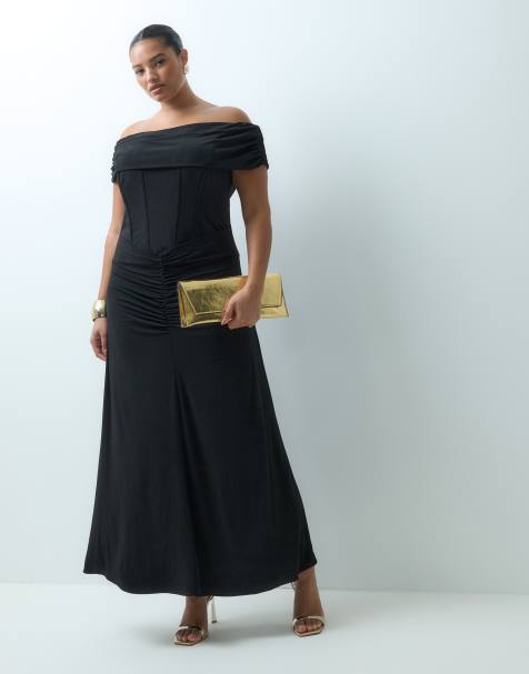Forever New Curve vestito lungo nero con arricciatura, scollo Bardot e corsetto - view 1