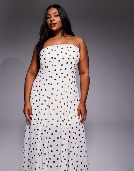 Forever New Curve - Vestito lungo senza spalline in chiffon a pois, 4 di 4