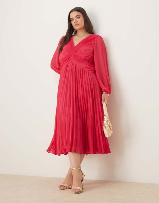 Forever New Curve - Vestito midi a pieghe rosa con scollo a V