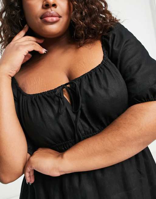 Forever New Curve - Vestito midi con maniche a sbuffo a balze nero, 3 di 4