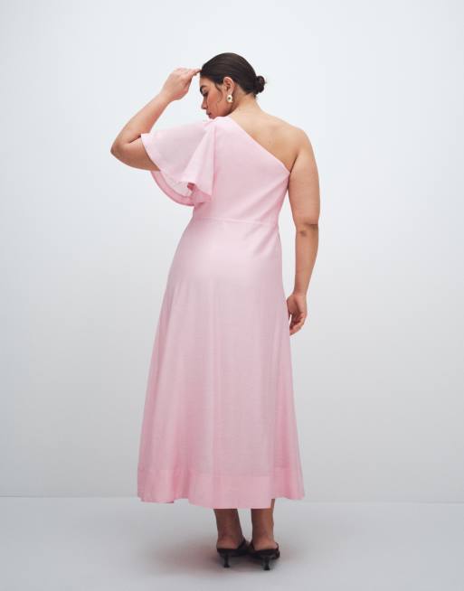 Forever New Curve - Vestito midi monospalla in lino rosa con fiocco, 3 di 11
