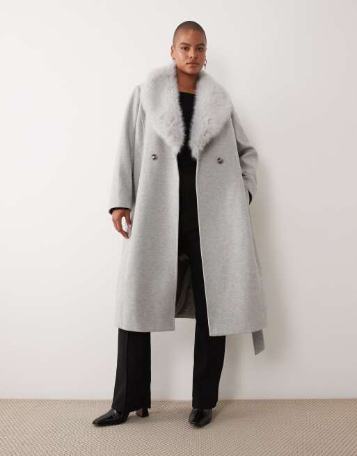 Forever New Curve wool feel formal belted longline detachable faux fur collar coat in grey, 2 of 4