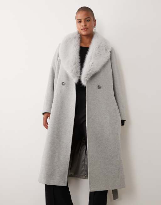 Forever New Curve wool feel formal belted longline detachable faux fur collar coat in grey, 3 of 4
