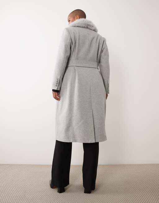 Forever New Curve wool feel formal belted longline detachable faux fur collar coat in grey, 4 of 4