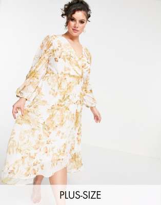 Forever New Curve wrap midi dress with ruffle hem in ivory and gold floral-White