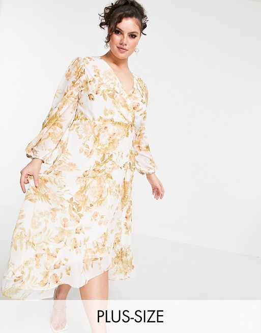 Forever New Curve wrap midi dress with ruffle hem in ivory and gold floral