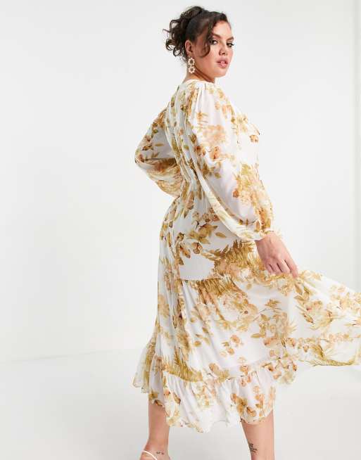 Forever New Curve wrap midi dress with ruffle hem in ivory and gold floral