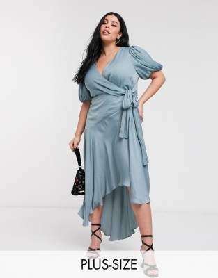 Forever New Curve wrap satin hi-low dress with balloon sleeve in sage-Green