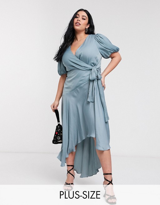 Forever New Curve wrap satin hi-low dress with balloon sleeve in sage