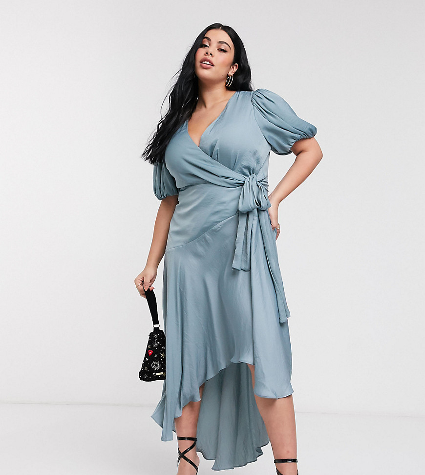 Forever New Curve wrap satin hi-low dress with balloon sleeve in sage-Green
