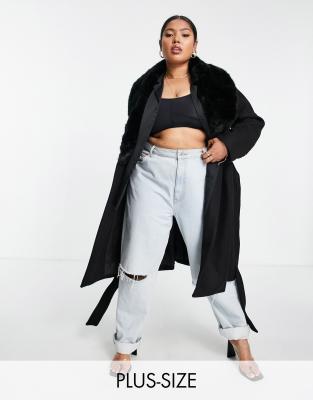 Forever New Curve Forever New Curve wrap tie coat with faux fur collar in black