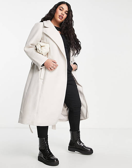 Coats & Jackets Forever New Curve wrap tie smart midi formal coat in cream 