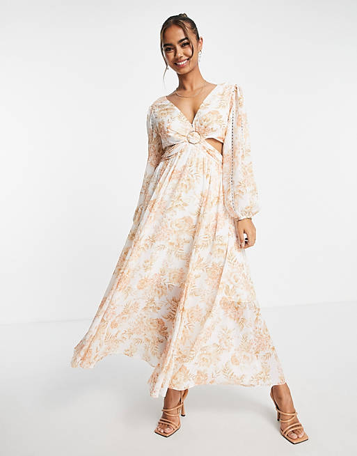 undefined | Forever New cut out long sleeve maxi dress in apricot floral