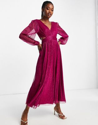 Forever New cut-out pleated metallic midaxi dress in hot pink - ASOS Price Checker