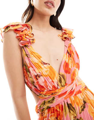 forever new orange floral dress Lulu's Forever Blooming Orange Floral Print Tiered Maxi Dress V Neck Wrap  XS New