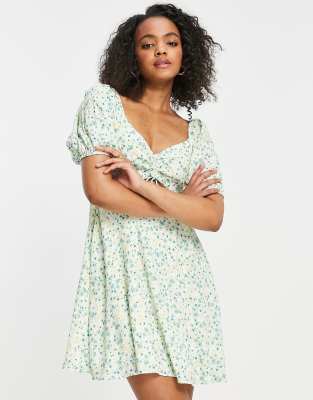 Forever New cut out puff sleeve mini dress in pistachio floral-Multi