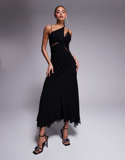 Forever New asymmetric lace splice maxi dress in black