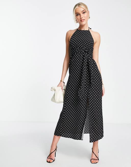 Forever New – Czarna sukienka midi w groszki z dekoltem halter