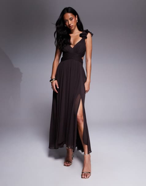 Forever New ruffle shoulder midaxi dress in chocolate