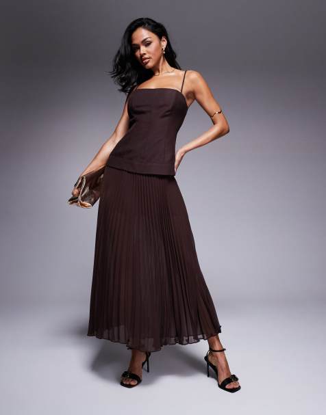Forever New drop hem pleated midaxi dress in chocolate brown