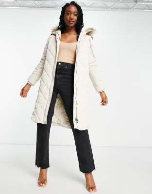 cream fur hooded quilted puffer coat