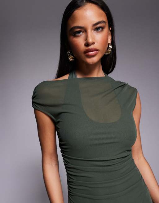 Forever New double layered mesh midaxi dress in khaki green, 4 of 4