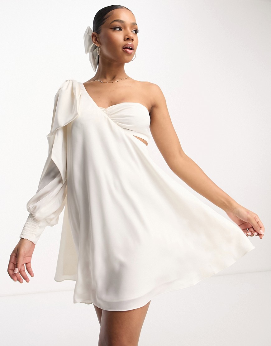 Forever New drape bow shoulder mini dress in ivory-White