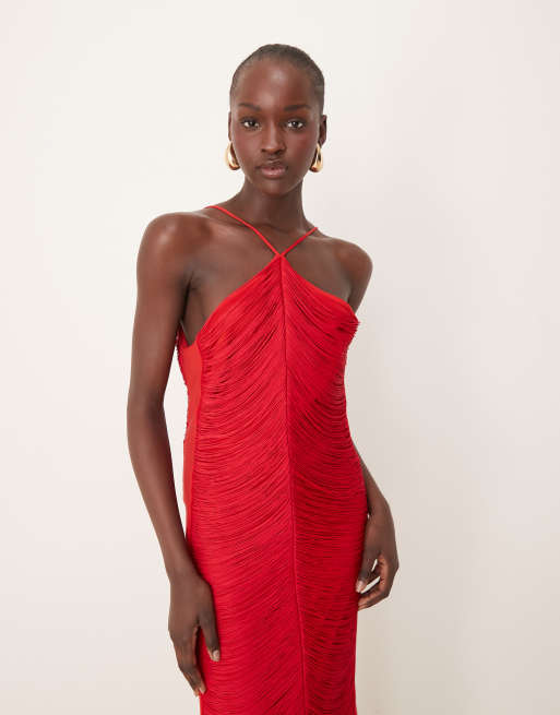 Forever New draping fringe midaxi dress in red