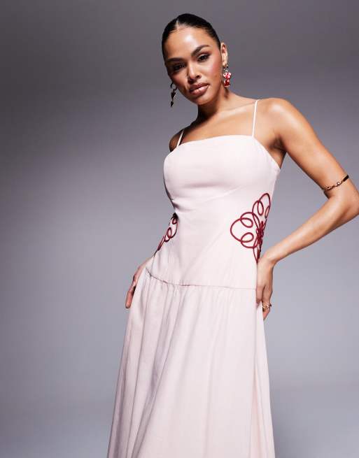 Forever New drop hem embroidered waist maxi dress in powder pink | ASOS