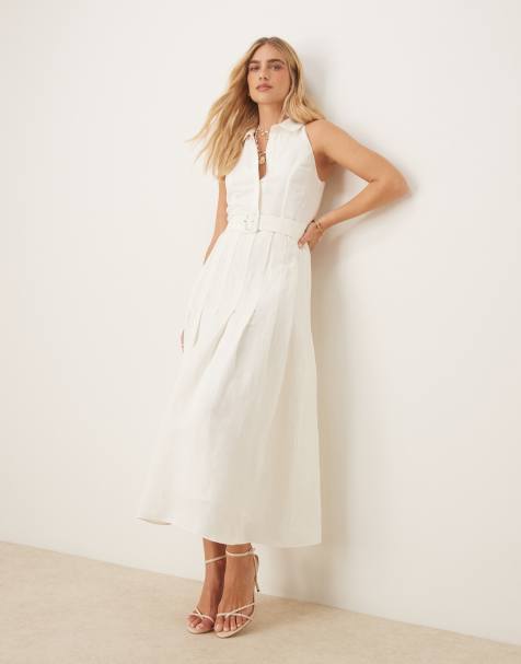 Forever New drop hem linen shirt midaxi dress in off white - view 1