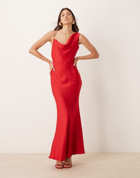 Forever New drop shoulder satin maxi dress in red - view 1